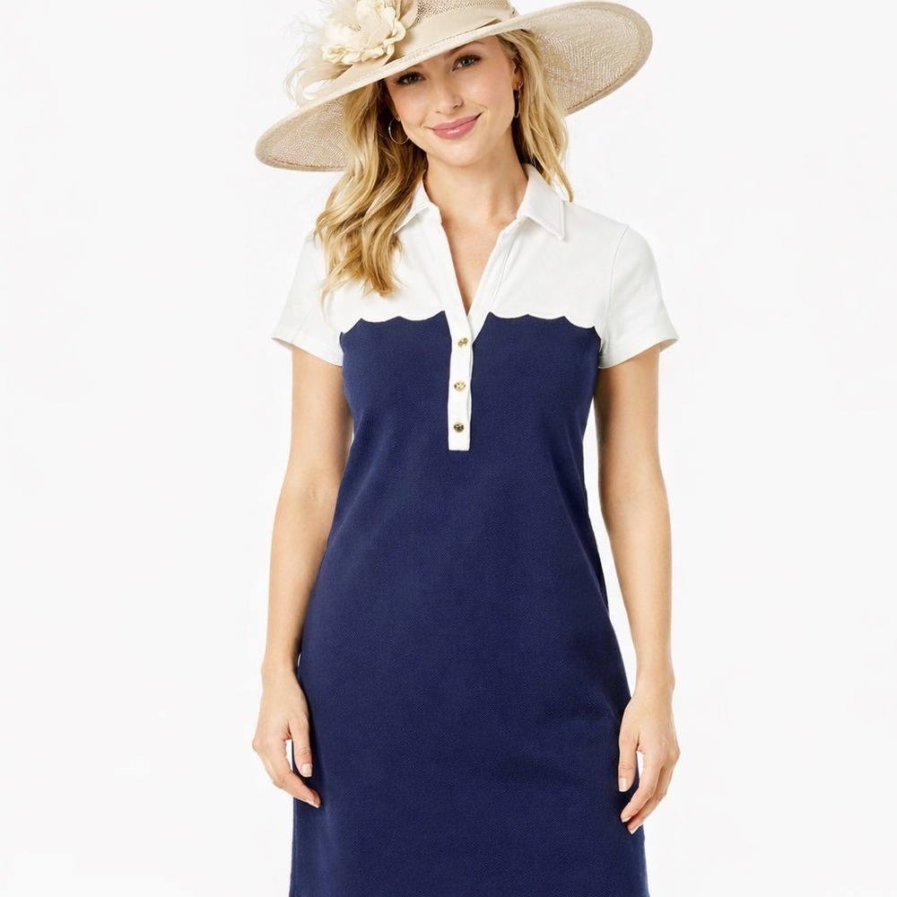 Lilly Pulitzer Kentucky Derby Polo Dress Women S Navy White Scallop Cotton Pique